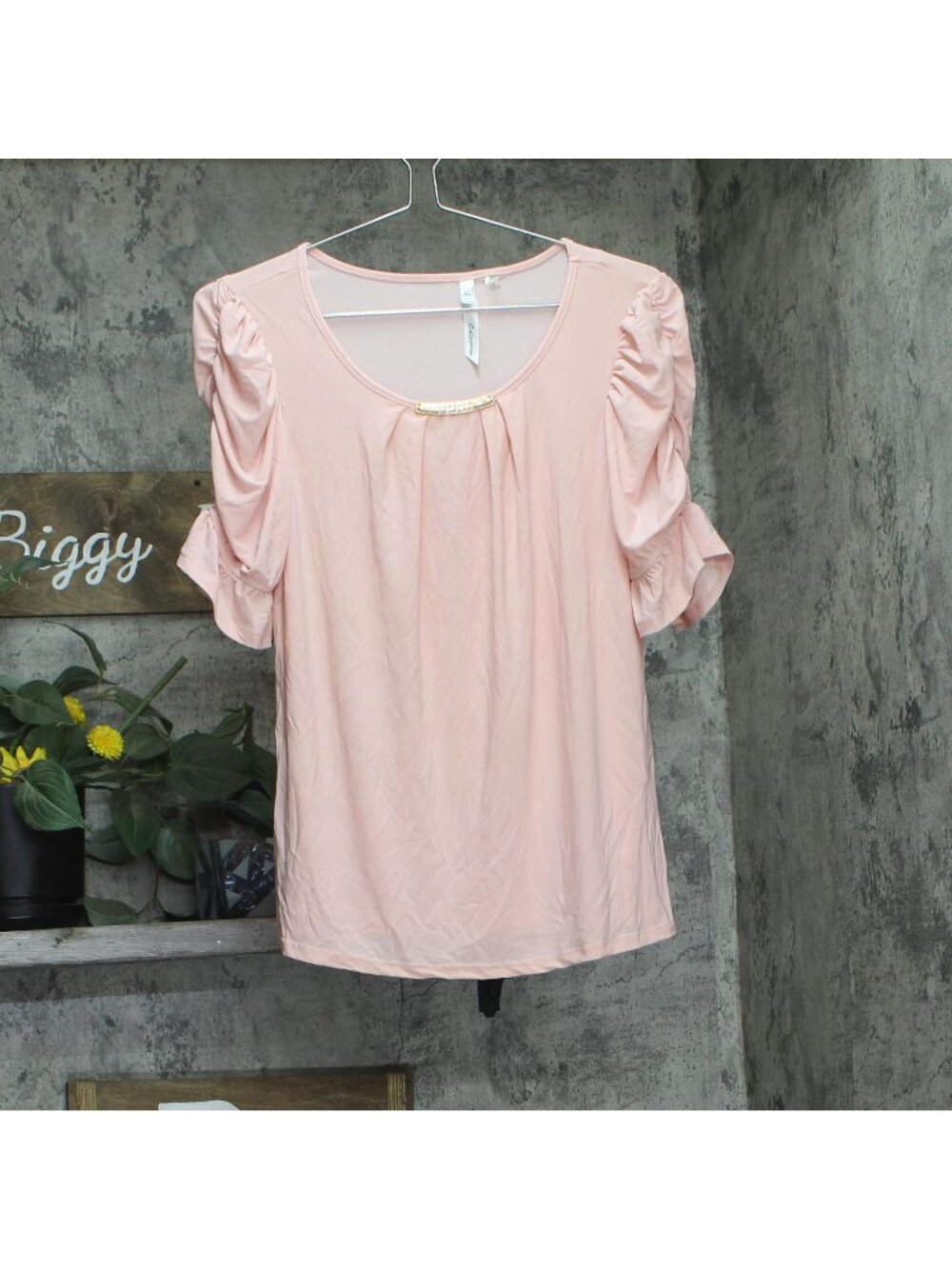 NY Collection Womens Knit Embellished Neck Blouse Top Pink M